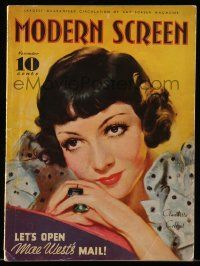 4a396 MODERN SCREEN magazine November 1934 wonderful cover art of pretty Claudette Colbert!