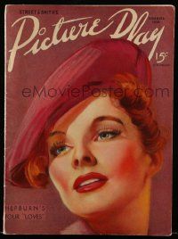 4a428 PICTURE PLAY magazine November 1936 wonderful cover art of Katharine Hepburn, her 4 loves!