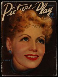 4a432 PICTURE PLAY magazine October 1937 wonderful art of smiling Greta Garbo by Marland Stone!