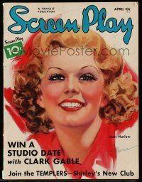 4a438 SCREEN PLAY magazine April 1936 great artwork of sexy smiling Jean Harlow by Warren!