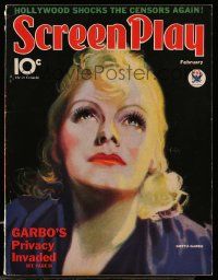 4a437 SCREEN PLAY magazine February 1934 angelic portrait art of beautiful Greta Garbo!
