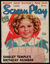 4a439 SCREEN PLAY magazine May 1936 great artwork of Shirley Temple & birthday cake by Warren!