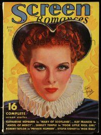 4a444 SCREEN ROMANCES magazine July 1936 Earl Christy art of Katharine Hepburn as Mary of Scotland!