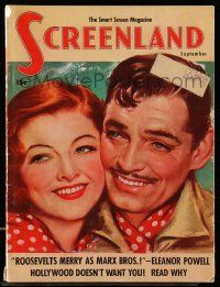 4a457 SCREENLAND magazine September 1938 great art of Clark Gable & Myrna Loy by Marland Stone!
