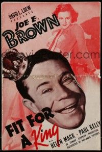 4a622 FIT FOR A KING pressbook '37 artwork of smiling big mouth Joe E. Brown wearing crown!