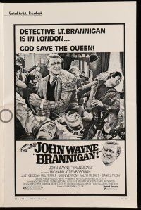 4a527 BRANNIGAN pressbook '75 great Robert McGinnis art of fighting John Wayne in England!