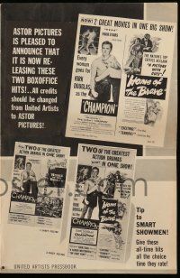 4a545 CHAMPION/HOME OF THE BRAVE pressbook '54 boxer Kirk Douglas, 2 great dramas in one show!
