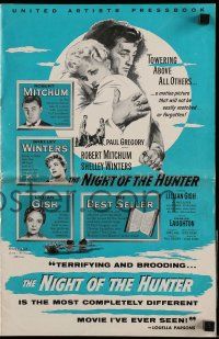 4a805 NIGHT OF THE HUNTER pressbook '56 Robert Mitchum & Winters, Laughton's classic noir!