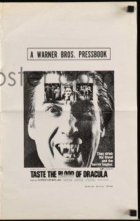 4a930 TASTE THE BLOOD OF DRACULA pressbook '70 Christopher Lee, c/u showing his vampire fangs!