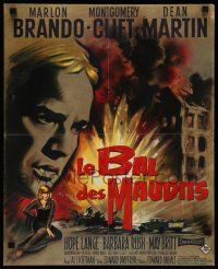 4b190 YOUNG LIONS French 17x21 '58 art of Nazi Marlon Brando, female lead and huge explosion!