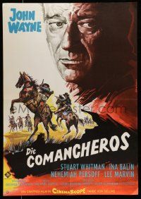 4b535 COMANCHEROS German '61 Michael Curtiz, art of cowboy John Wayne, blue Wayne credit design!
