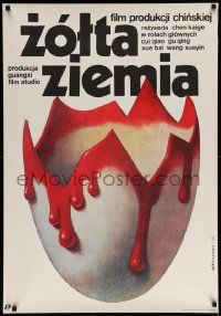 4b237 YELLOW EARTH Polish 27x38 '86 creepy Wieslaw Walkuski art of bloody egg shell!