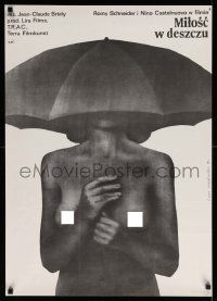 4b194 LOVING IN THE RAIN Polish 23x32 '77 Majewski art of topless naked woman under umbrella!