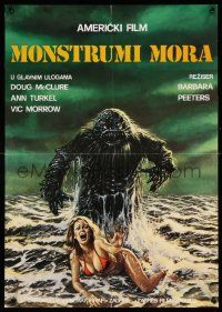 4b665 HUMANOIDS FROM THE DEEP Yugoslavian 19x27 '80 art of Monster looming over sexy girl in surf!