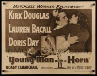4c495 YOUNG MAN WITH A HORN 1/2sh R57 jazz man Kirk Douglas kisses sexy Lauren Bacall + Doris Day!
