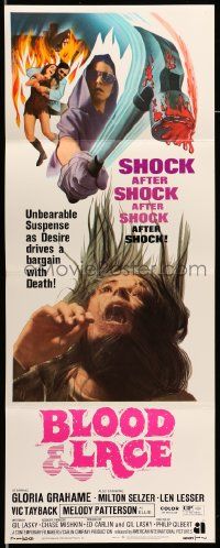 4c559 BLOOD & LACE insert '71 AIP, gruesome horror image of wacky cultist w/bloody hammer!