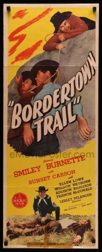 4c565 BORDERTOWN TRAIL insert '44 Smiley Burnette pointing gun & Sunset Carson with rope!