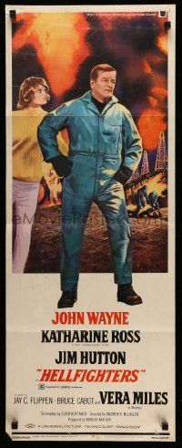 4c676 HELLFIGHTERS insert '69 John Wayne as fireman Red Adair, Katharine Ross, cool art!