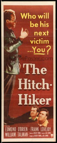 4c685 HITCH-HIKER insert '53 different image of man w/upraised thumb, who will be his next victim!
