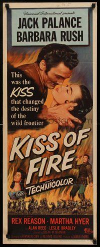 4c714 KISS OF FIRE insert '55 romantic art of Jack Palance as El Tigre & sexy Barbara Rush!