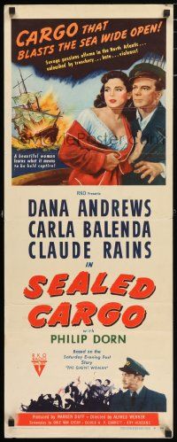 4c855 SEALED CARGO insert '51 great art of Dana Andrews & Carla Balenda, with ship exploding!