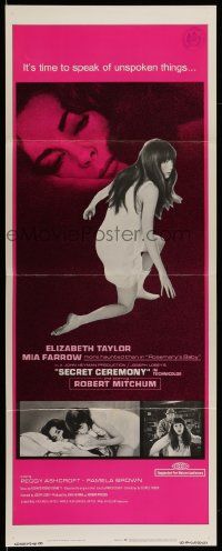4c857 SECRET CEREMONY insert '68 Liz Taylor, Mia Farrow, Robert Mitchum, Joseph Losey
