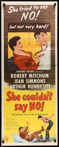 4c864 SHE COULDN'T SAY NO insert '54 sexy short-haired Jean Simmons examines Dr. Robert Mitchum!