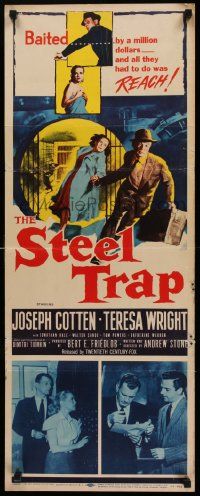4c907 STEEL TRAP insert '52 art of Joseph Cotton & Teresa Wright stealing a million dollars!