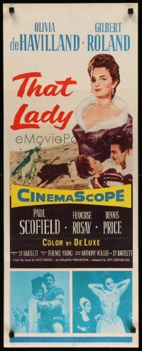 4c936 THAT LADY insert '55 Terence Young, Gilbert Roland & Olivia de Havilland with eyepatch!