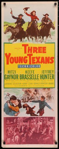 4c945 THREE YOUNG TEXANS insert '54 art of Mitzi Gaynor, Keefe Brasselle & Jeff Hunter on horses!