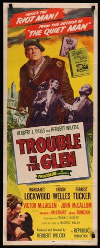 4c957 TROUBLE IN THE GLEN insert '54 art of Orson Welles & Margaret Lockwood in Scotland!