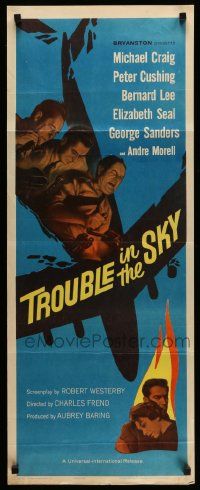 4c958 TROUBLE IN THE SKY insert '60 Michael Craig, Peter Cushing, fatal jet crash mystery solved!