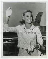 4d263 DINA MERRILL 8.25x10 still '60s great smiling close up waving in front of TWA airplane!