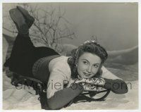 4d352 JOAN LESLIE 7.5x9.25 still '40s great winter portrait laying on sled by Scotty Welbourne!