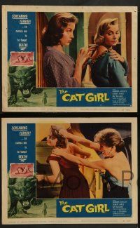 4f490 CAT GIRL 7 LCs '57 human feline Barbara Shelley, cool border art of huge cat, English horror!