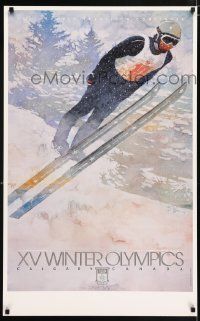 4j348 1988 WINTER OLYMPICS foil 24x39 special '88 cool artwork of ski jumper in flight by B. Fole!