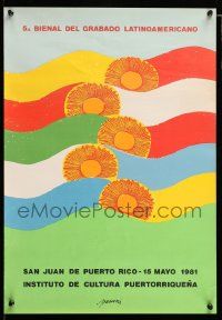 4j394 BIENAL DEL GRABADO 16x23 Puerto Rican special '81 artwork of rising suns, w/ text design!