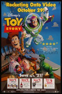 4j987 TOY STORY 26x40 Canadian video poster '95 Disney/Pixar, Buzz Lightyear flying over cast!