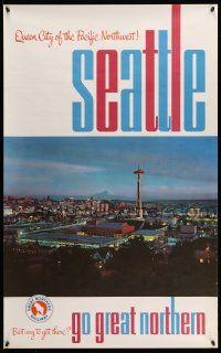 4j009 GREAT NORTHERN RAILWAY SEATTLE 25x40 travel poster '60s image of the skyline at dusk!
