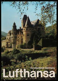 4j020 LUFTHANSA VACATIONLAND GERMANY 23x33 German travel poster '80s image of castle and orchard!