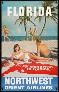 4j014 NORTHWEST ORIENT AIRLINES FLORIDA 25x40 travel poster '60s cool image of couple on beach!