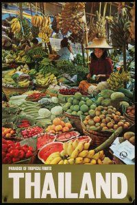 4j017 PARADISE OF TROPICAL FRUITS THAILAND 24x36 Thai travel poster '70s image of fruit stall!