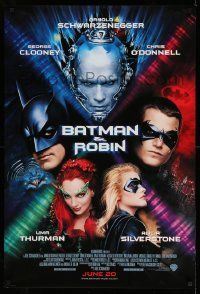4k091 BATMAN & ROBIN advance 1sh '97 Clooney, O'Donnell, Schwarzenegger, Thurman, cast images!