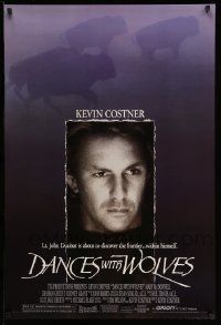 4k205 DANCES WITH WOLVES DS 1sh '90 close portrait of Kevin Costner & running buffalo!