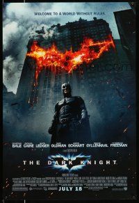 4k208 DARK KNIGHT advance DS 1sh '08 Christian Bale as Batman in front of flaming building!
