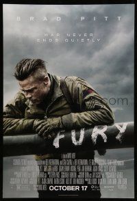 4k344 FURY advance DS 1sh '14 great image of soldier Brad Pitt, war never ends quietly!