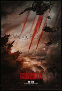 4k362 GODZILLA teaser DS 1sh '14 image of soldiers parachuting over burning San Francisco!