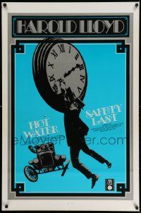 4k427 HOT WATER/SAFETY LAST 1sh '70s great classic image of Harold Lloyd hanging from clock!