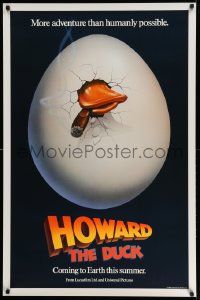 4k431 HOWARD THE DUCK teaser 1sh '86 George Lucas, great art of hatching egg with cigar in mouth!