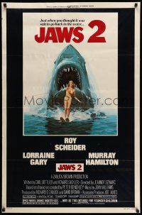 4k501 JAWS 2 1sh '78 great classic art of giant shark attacking girl on water skis by Lou Feck!